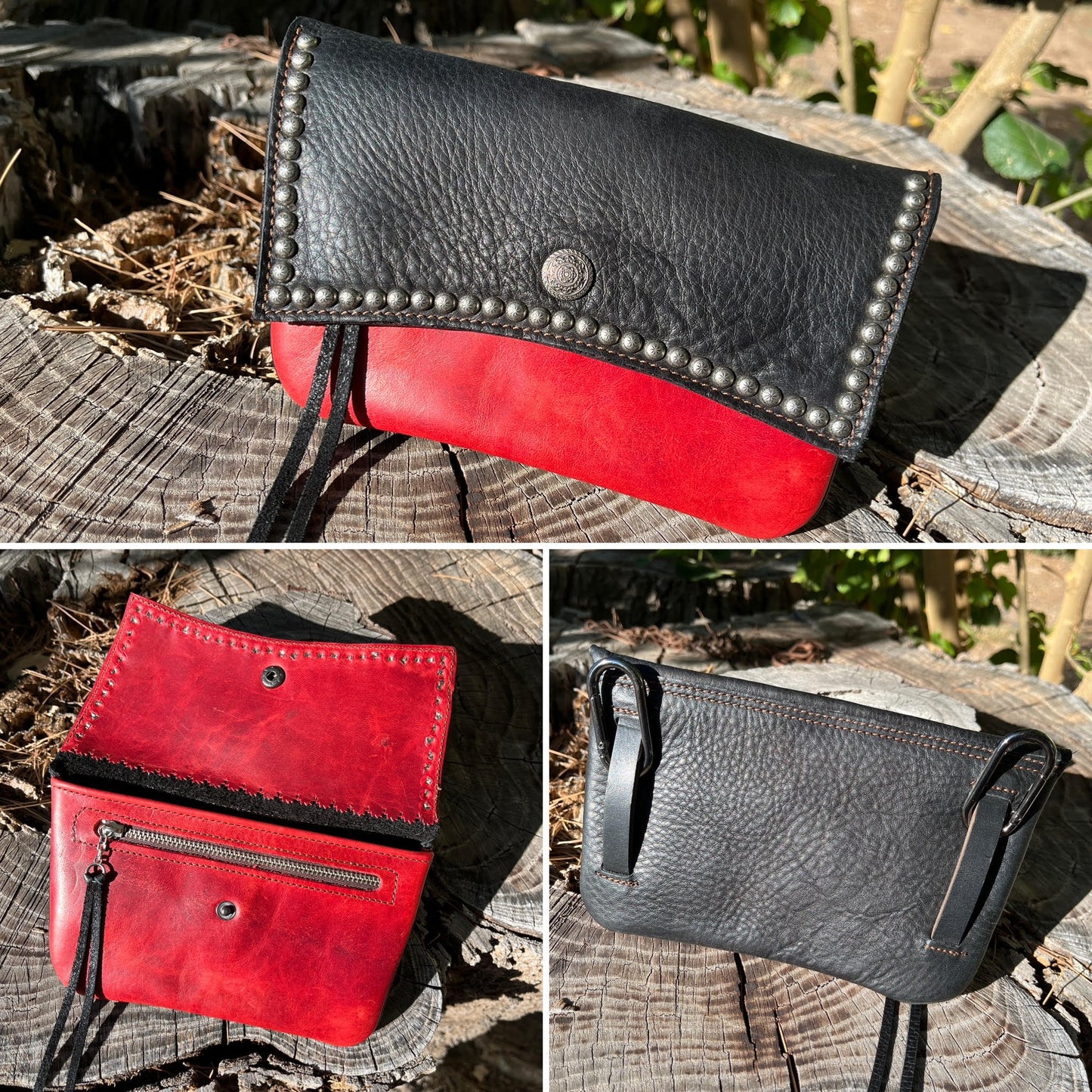 Hipster - Black Over Red with Antique Nickel Spots | Premium Leather Phone Case