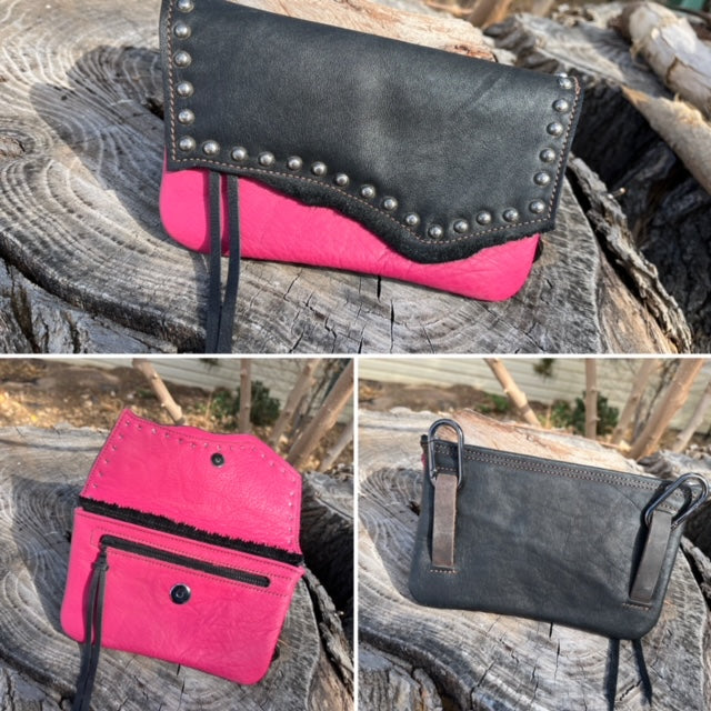 Hipster - Black over pink with antique nickel spots/ Premium Leather Phone Case