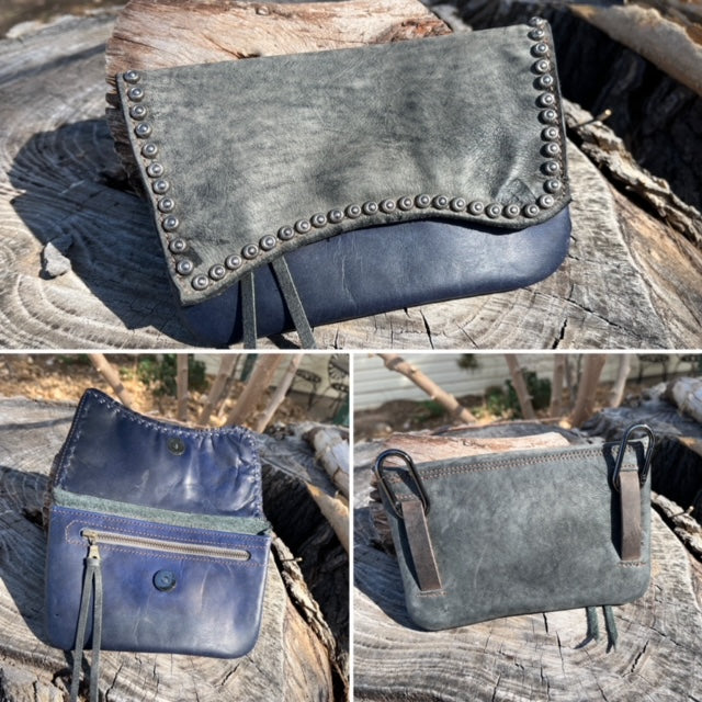 Hipster - Leather Phone Case/Grey over Dark Blue with Rope Spots
