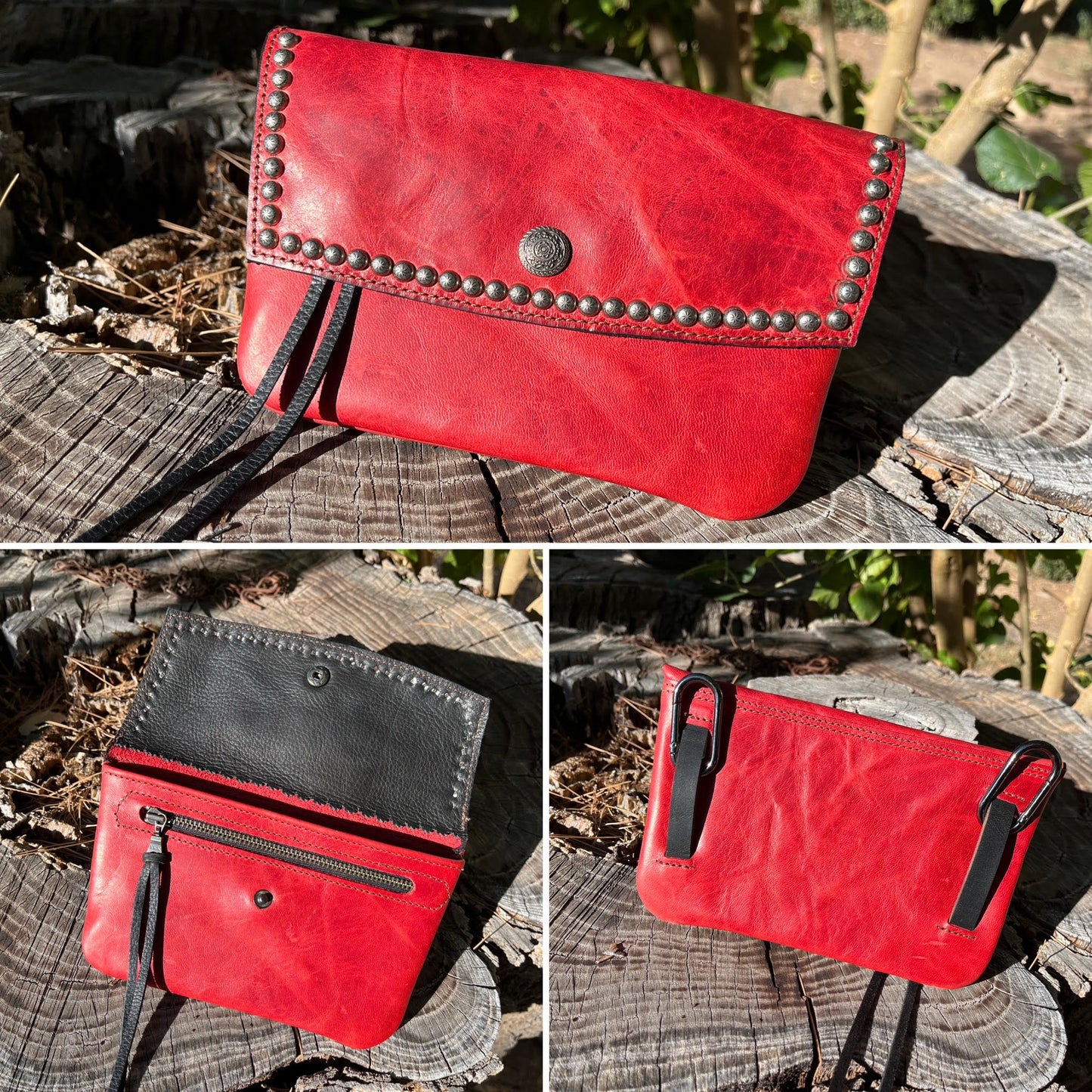 Hipster-Red Crossbody Leather Phone Case with Antique Nickel Spots