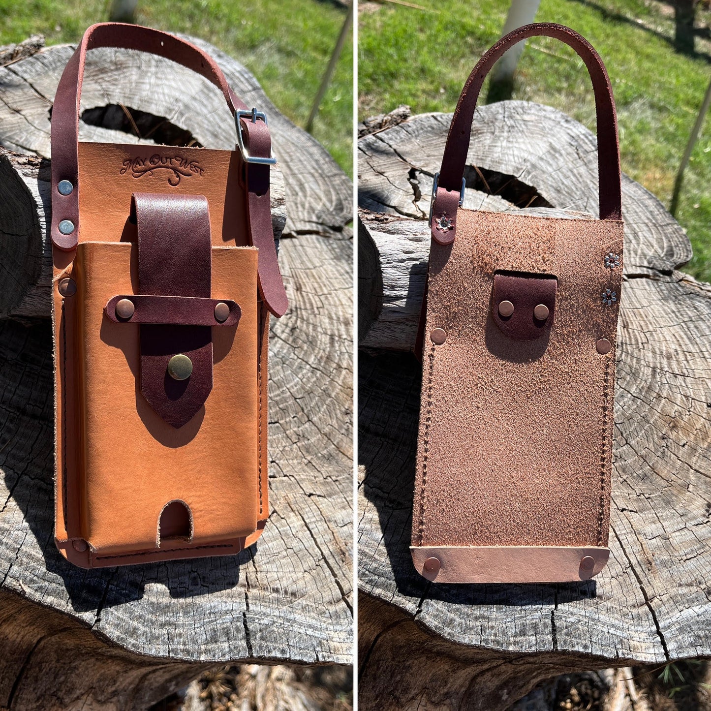 Saddle Phone Case/ Veg tan with red latigo flap with snap