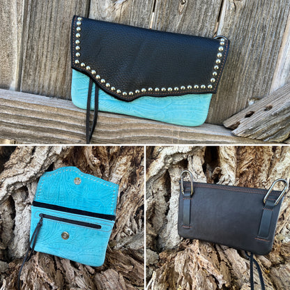 Hipster - Premium Leather Phone Case/ Black over turquoise with silver spots