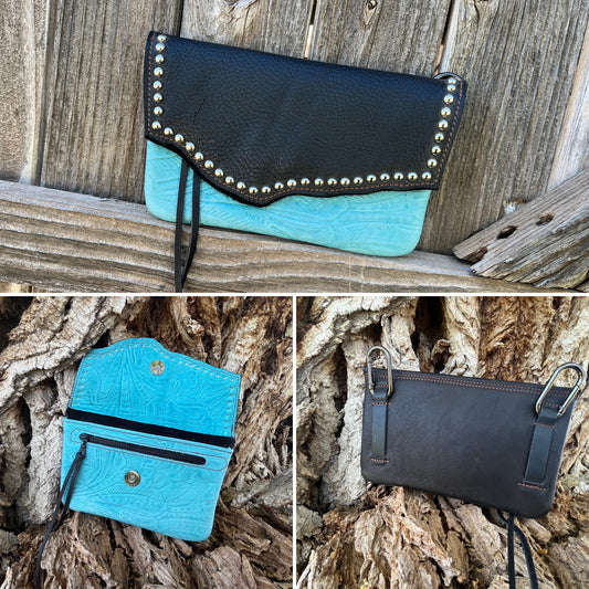Hipster - Premium Leather Phone Case/ Black over turquoise with silver spots
