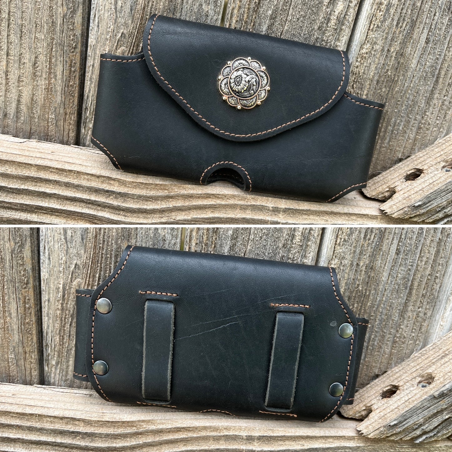 Phone holster - black latigo with concho