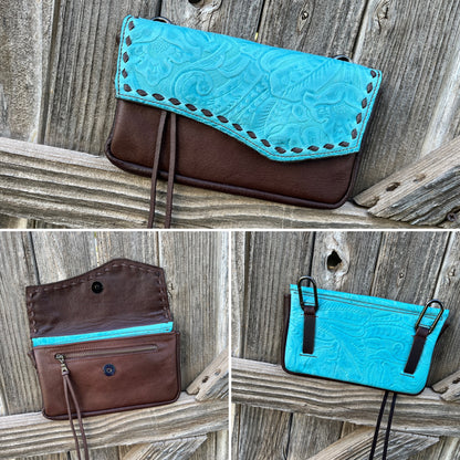 Hipster XL - Turquoise over chocolate with brown buckstitch