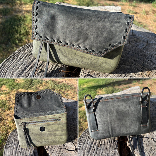Hipster -  Premium leather phone case- Grey LR over Sage with black buckstitch