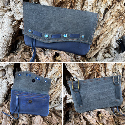 Hipster - Premium Leather Phone Case. Grey over dark blue with blue lace and crystals