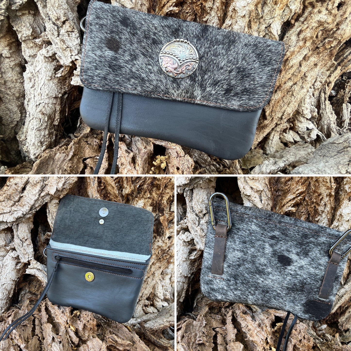 Hipster - Premium Leather Phone Case/ Silver black hair on over grey with concho