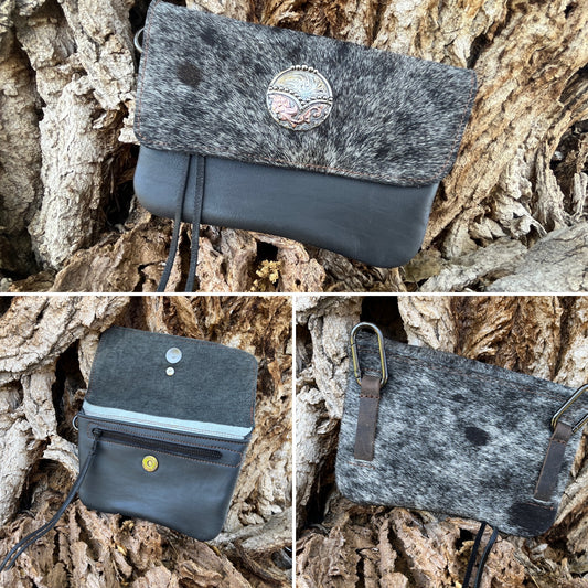 Hipster - Premium Leather Phone Case/ Silver black hair on over grey with concho