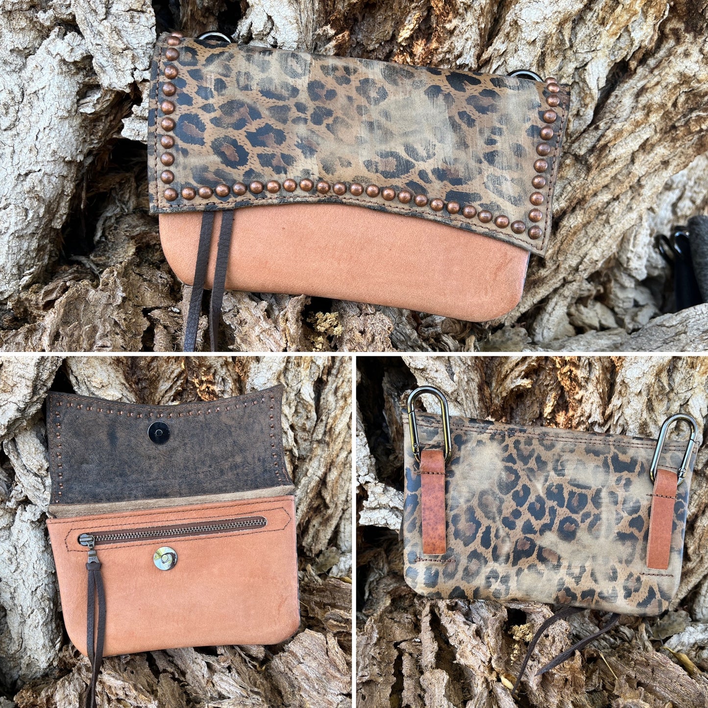 Hipster - Premium Leather Phone Case. Cheetah over salmon with antique copper spots