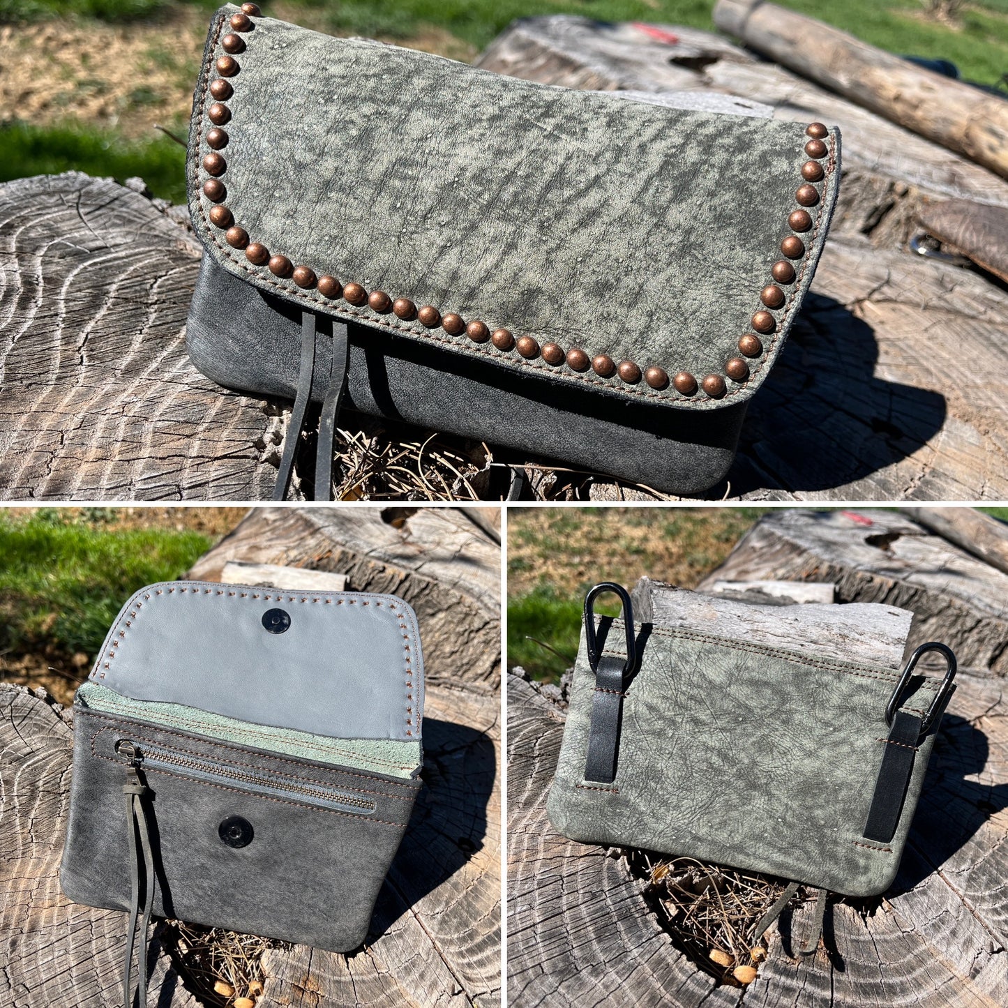 Hipster - Premium Leather Phone Case.  Sage over grey with antique copper spots