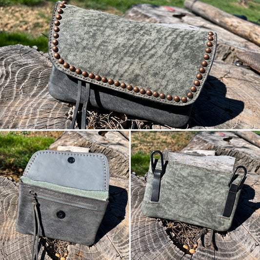 Hipster - Premium Leather Phone Case.  Sage over grey with antique copper spots