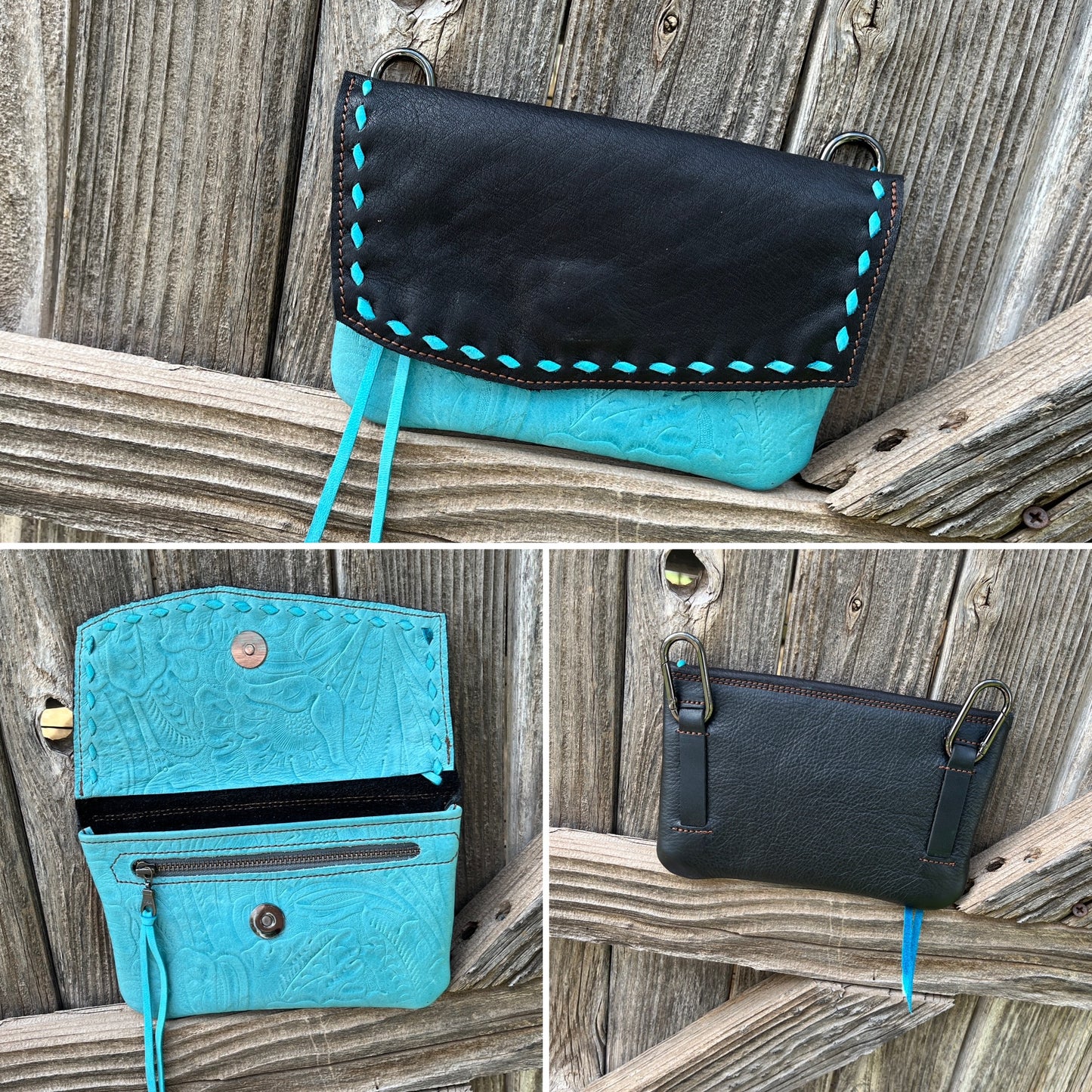 Hipster-Black over turquoise with turquoise buckstitch