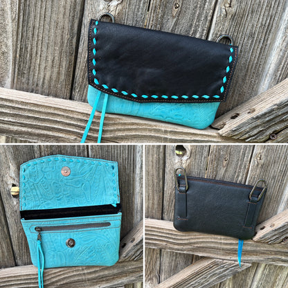 Hipster-Black over turquoise with turquoise buckstitch