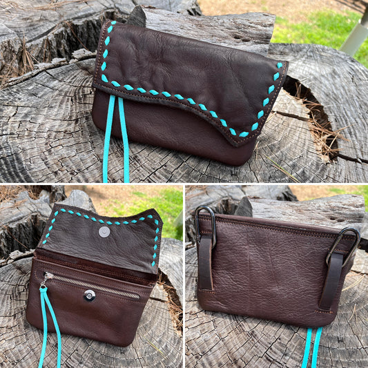 Hipster - Phone Case Dark Brown with Turquoise Buckstitch