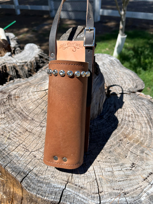 Water Hole: Premium Leather Saddle Drink Holder with dimpled chrome spots