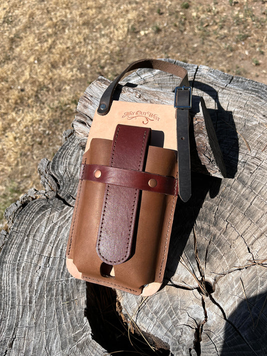 Saddle Phone Case/ Chrome oil tan leather with red latigo strap
