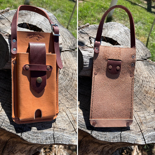 Saddle Phone Case/ Veg tan with red latigo flap with snap